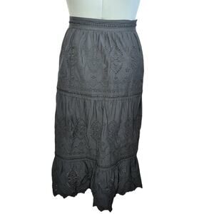 Jason Wu Black Cotton Blend Eyelet Tiered Lined Midi Skirt/Peasant Skirt, Size L